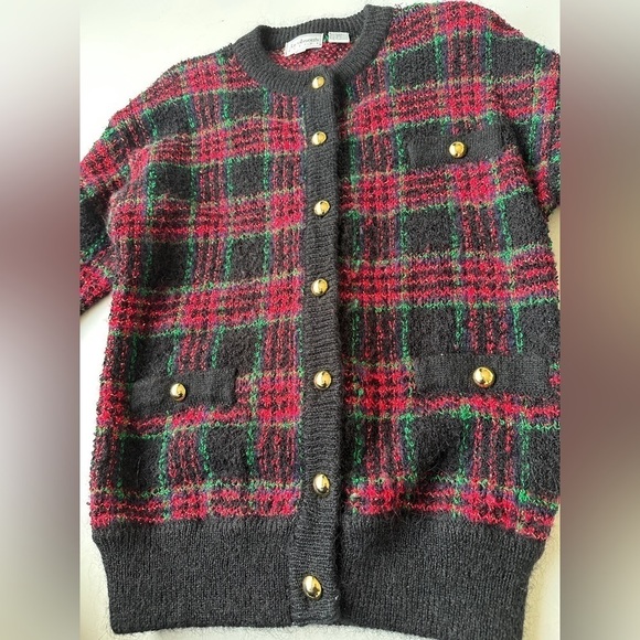 Vintage Jacobsons Holiday Plaid Sparkle Fuzzy Wool Blend Cardigan Sweater Petite - Picture 4 of 8